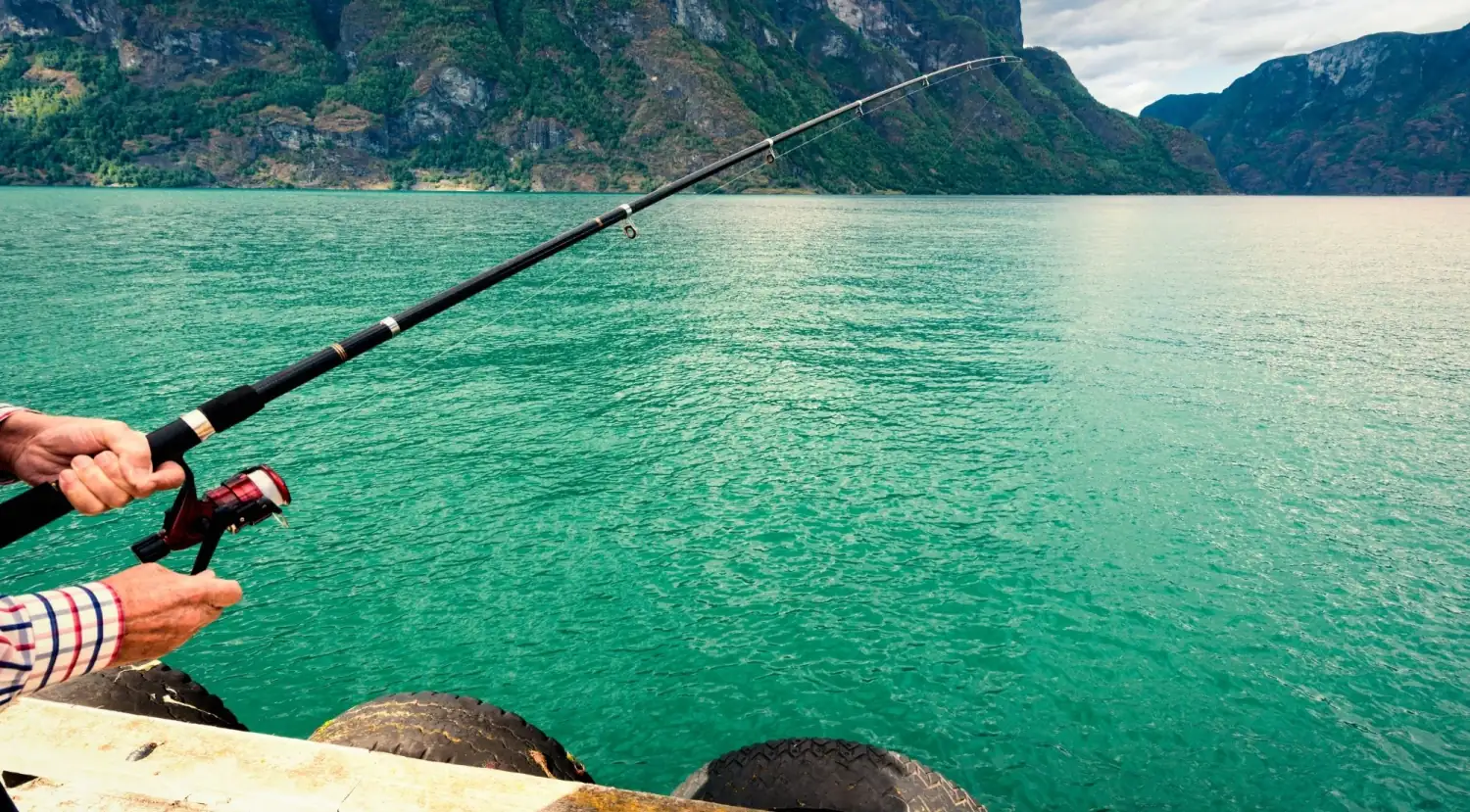 A person holding a bent fishing rod while fishing from a boat on a green fjord