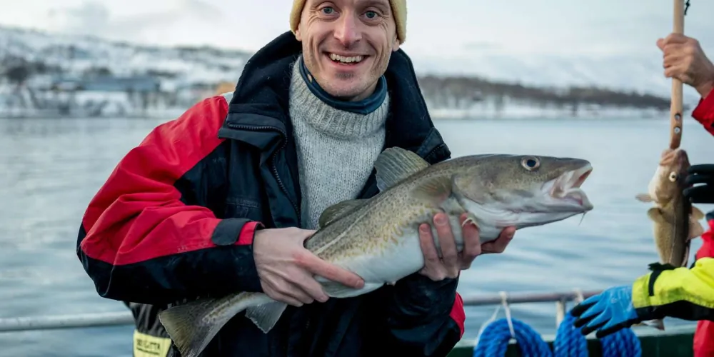 An angler holding a large Arctic cod with snowy mountains behind
